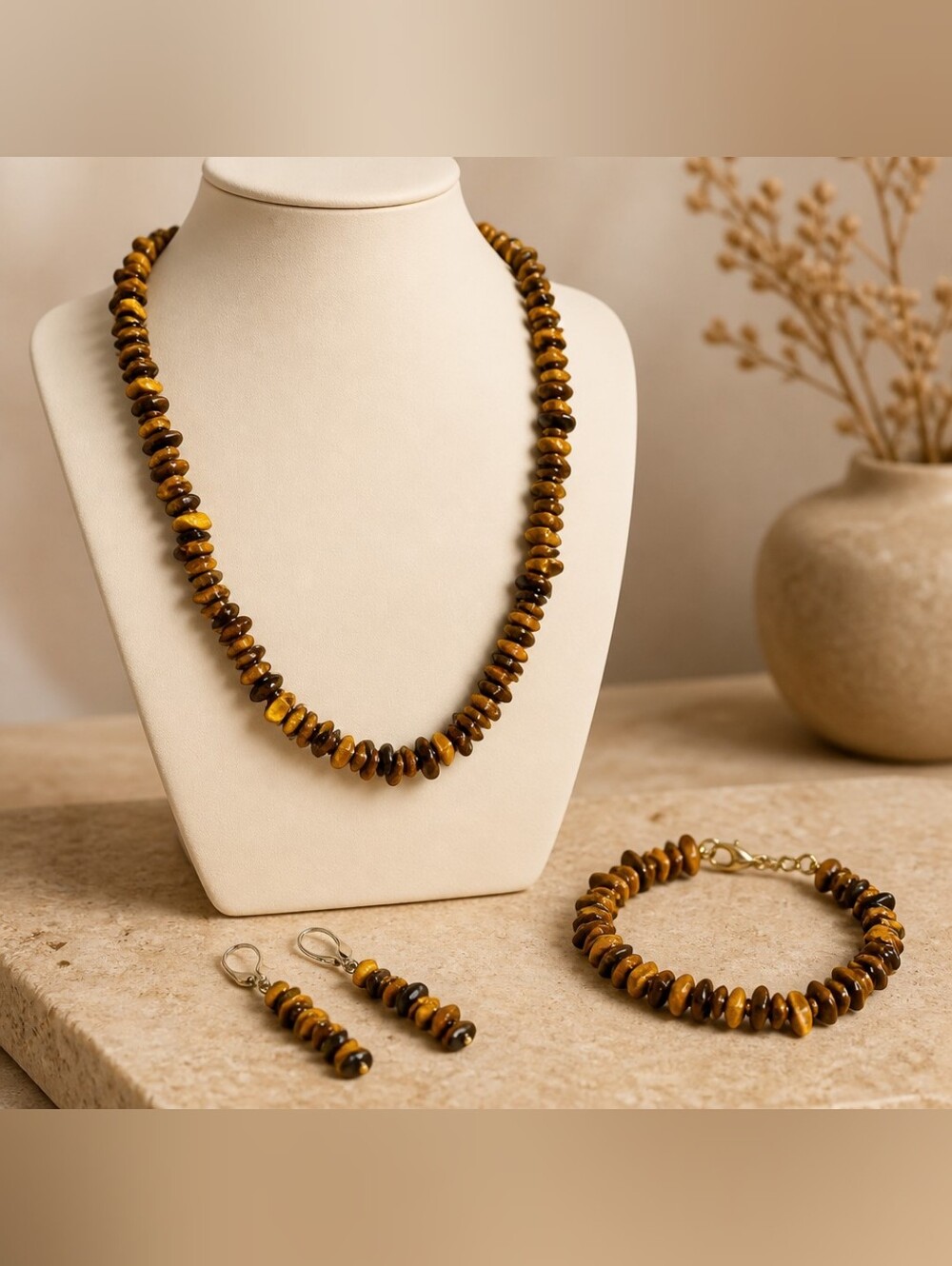 Vintage Tiger Eye Chiped Necklace, Braclet And Earring Set